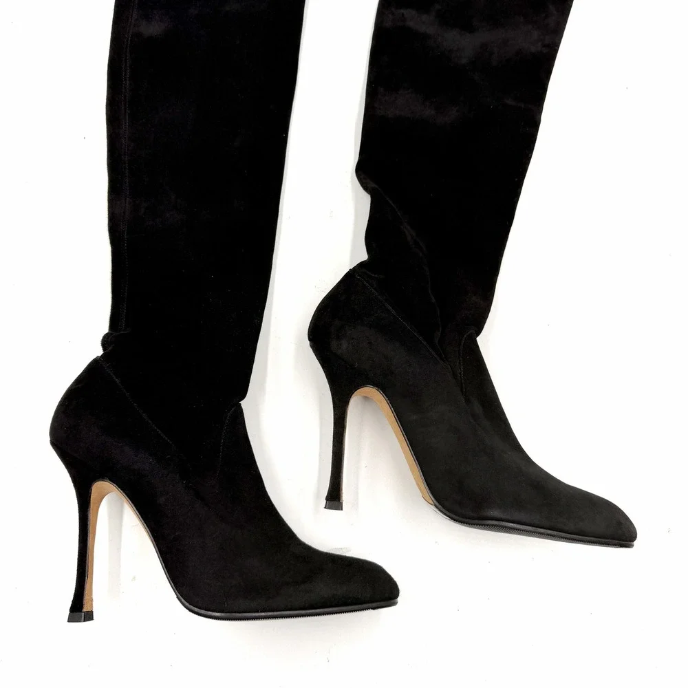 Manolo Blahnik Black Over-the-Knee Lace-Trim Boots
